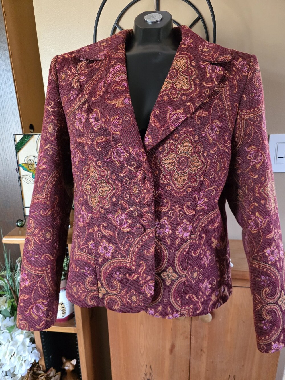 Vtg Womens Burgundy Tapestry Floral Paisley Blazer Jacket Size 14